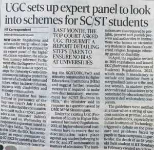 UGC sets up panel to look into schemes for SC/ST students, Hindustan Times, Agust 7, 2023