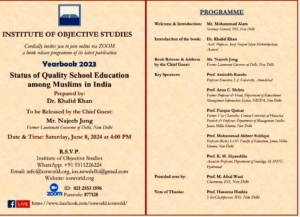 Status of Quality School Education among Muslims in India: Year Book 2023 by Khalid Khan, Institute of Objective Studies (Release program)